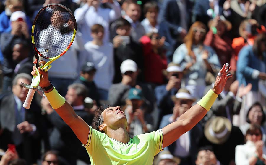 07 June 2019, France, Paris: Spanish tennis player Rafael Nadal celebrates after defeating Swiss tennis player Roger Federer in their Men's singles Semi Final match at the French Open (Roland Garros) Grand Slam tennis tournament. Photo: Judith White/ZUMA